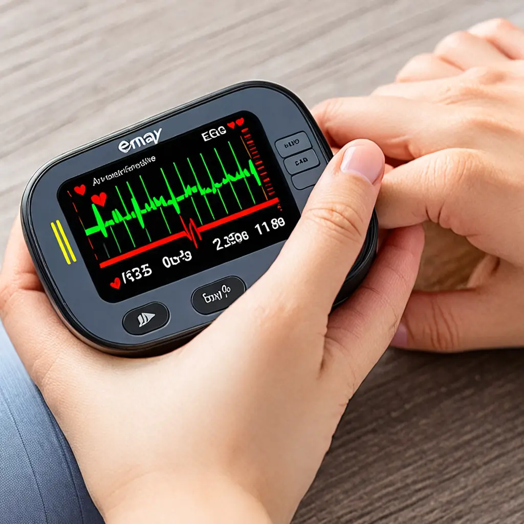 A person holding the EMAY Portable ECG Monitor displaying a heart rate reading, representing the best heart rate monitor for personal heart health tracking.
