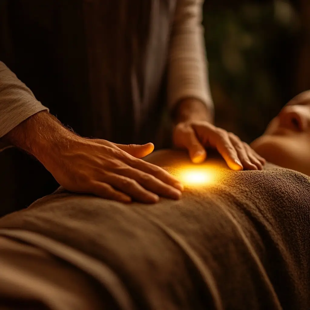Woman using red light therapy device on her face