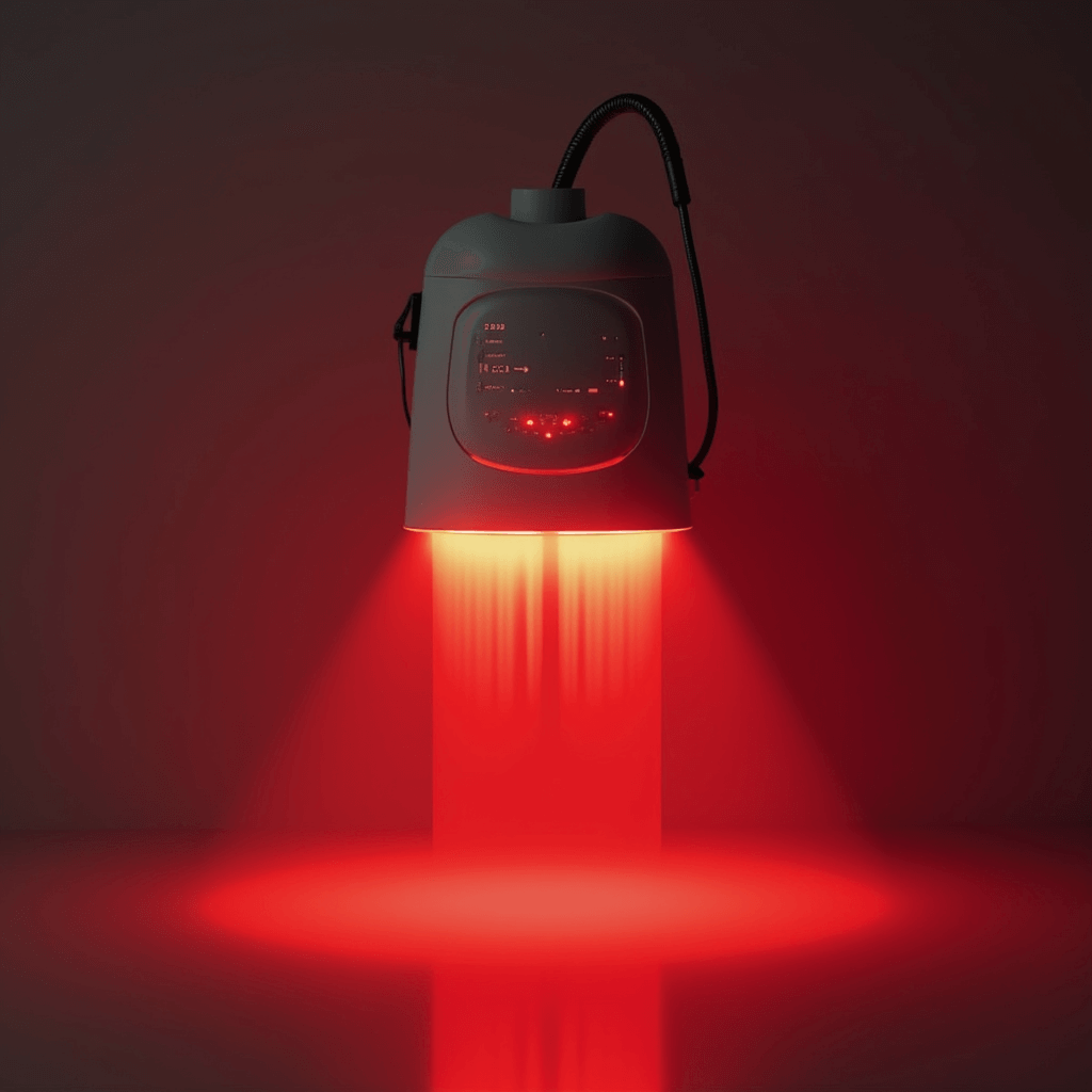 Person using red light therapy device at home