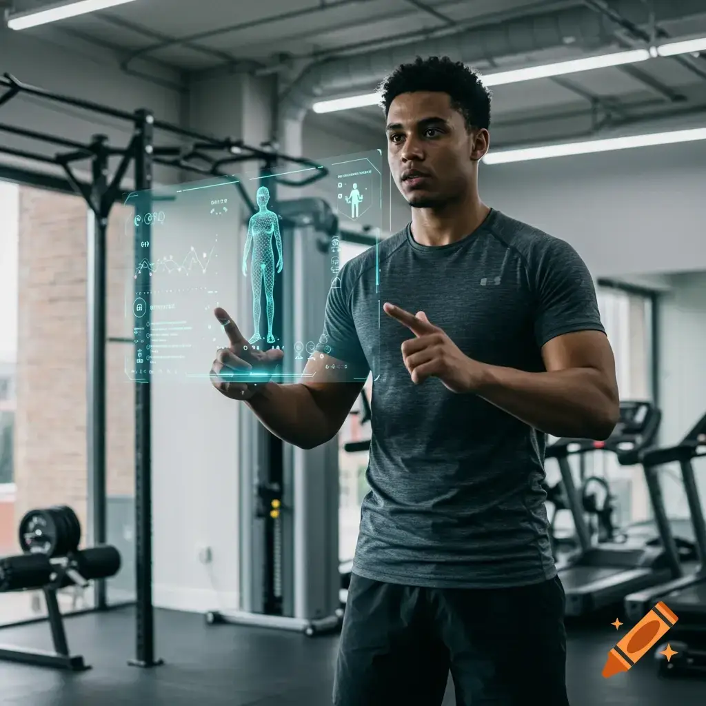 Smart fitness man doing home workouts with wearable tech