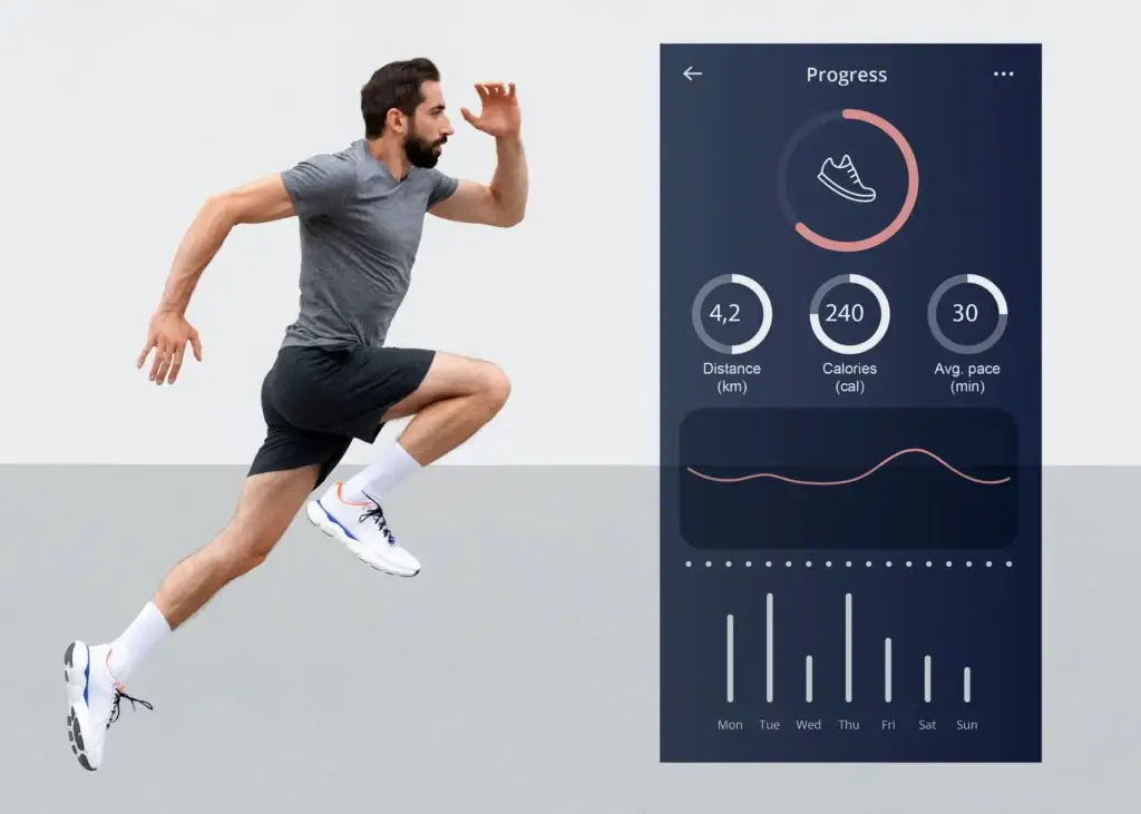 Side view of a man running with digital fitness tracking stats showing distance, calories burned, and average pace.