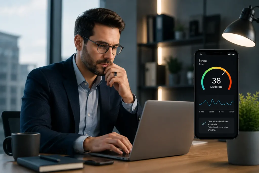Professional wearing a smart ring while working to monitor stress levels throughout the day.