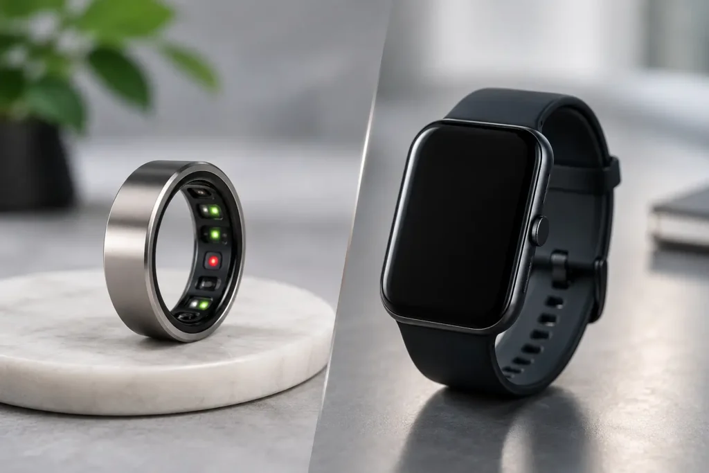 Smart ring compared with smartwatch for stress monitoring and health tracking.
